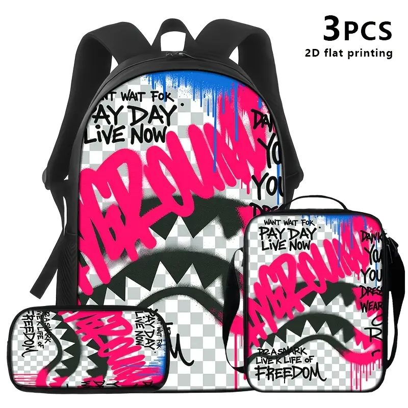 Graffiti Shark 3-Piece Backpack Set, Street Art Print School Bag + Lunch Bag + Pencil Case, Oxford Cloth Adjustable Strap Daypack for Teens & Kids