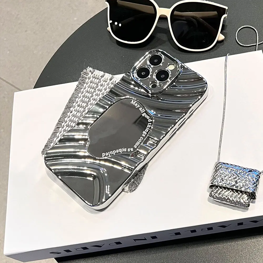 Metallic Silver Electroplated Wave Frame Shockproof Phone Case with Built-In Makeup Mirror Back, Custom Shell Full-Surround Anti-Drop Anti-Scratch Slim Cover for iPhone 16 Pro, iPhone 17 Mobile Accessories, Iphone Series