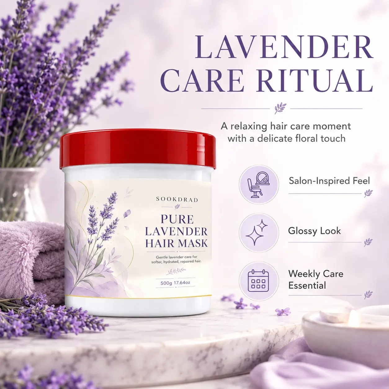 Pure Lavender Hair Mask, pure lavender, gentle care, softening, hydrating, repairing, for hair, 17.64oz, 500g