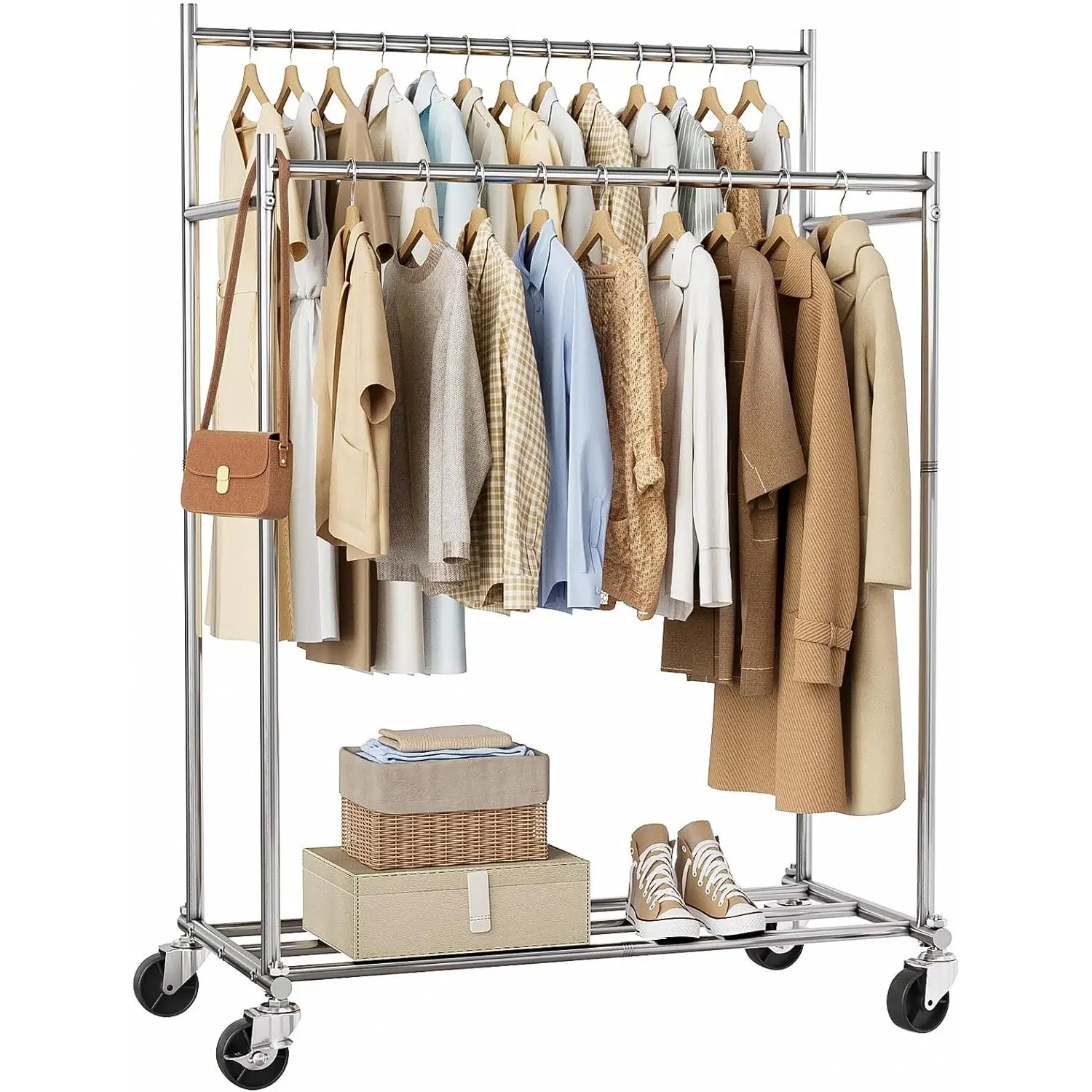 Clothes Rack,Double Rods Rolling Clothing Rack for  Clothes load 400LBS,Portable Garment Coat Rack with Wheels Wardrobe Closet for Bedroom Laundry Room,Retail Store,
