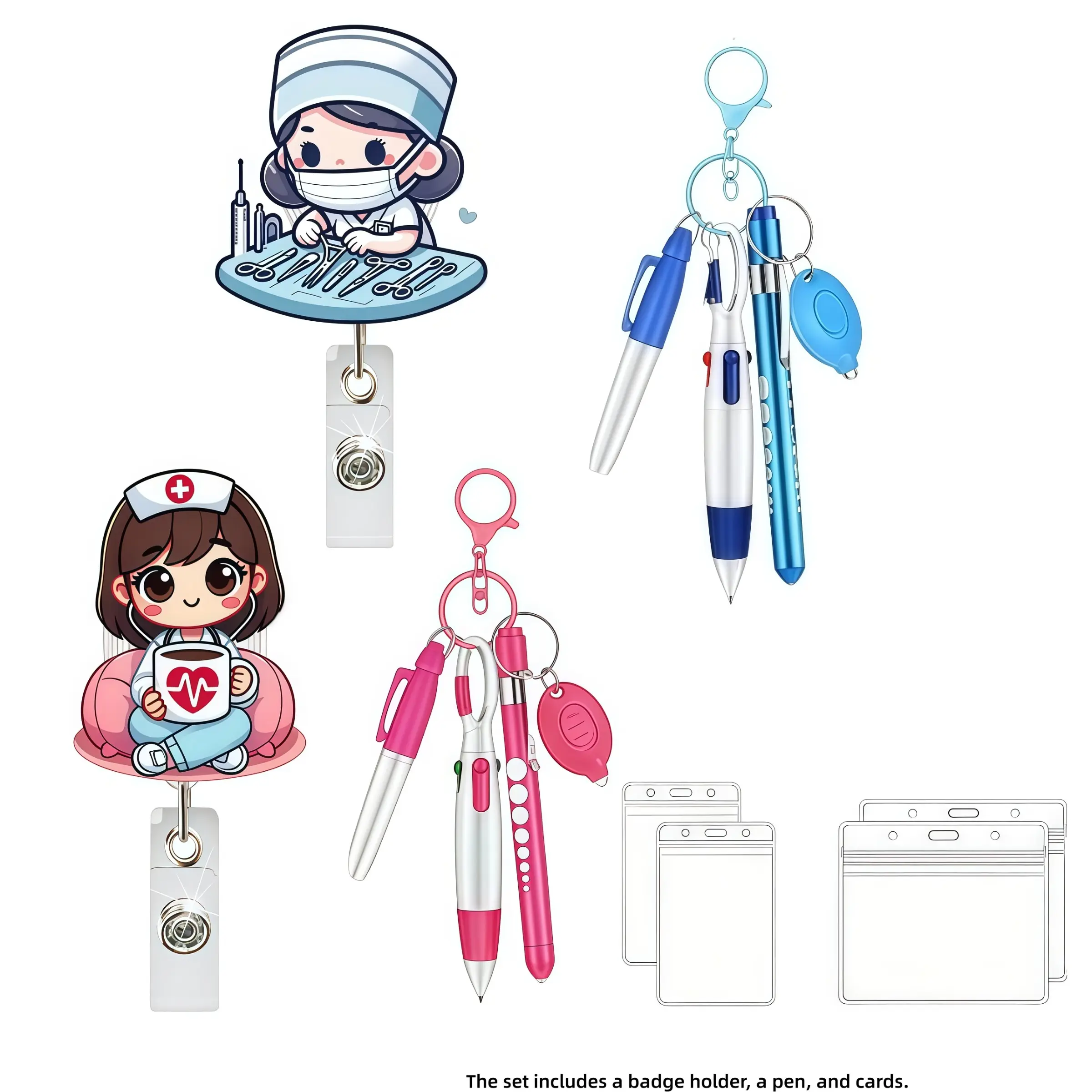 Q Version Nurse Theme Expandable Badge Scroll Set, Includes Nurse Pen Set, Blue/ Series, ID Card Holder, Essential Nursing Supplies
