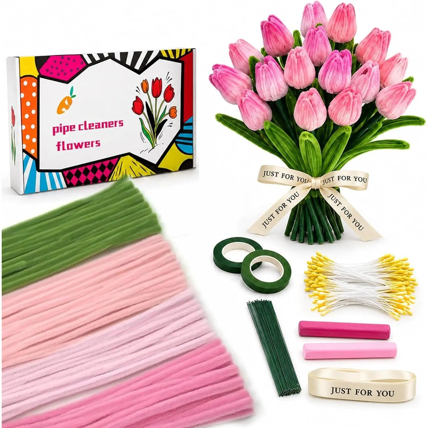 400 count Pipe Cleaners Bulk for Crafts -  Flower Making Kit with Chenille Stems, Wire & Tape - DIY Arts and Crafts Supplies for Adults,  (Green, )