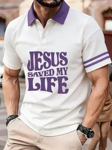 5 Colors Unisex Jesus Saved My Life Polo Shirt, Vintage Retro Text Graphic, Christian Faith Slogan Print, Striped Short Sleeve Golf Tee