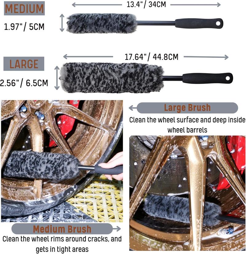 Refined Long Handle  Wheel Brush Arsenal, Soft Wheel and Rim Brush,Tire Brush, Bendable & Durable  Wheel Rim Cleaner Brush Set for Cleaning Wheel and Tire, Large, Grey & Black