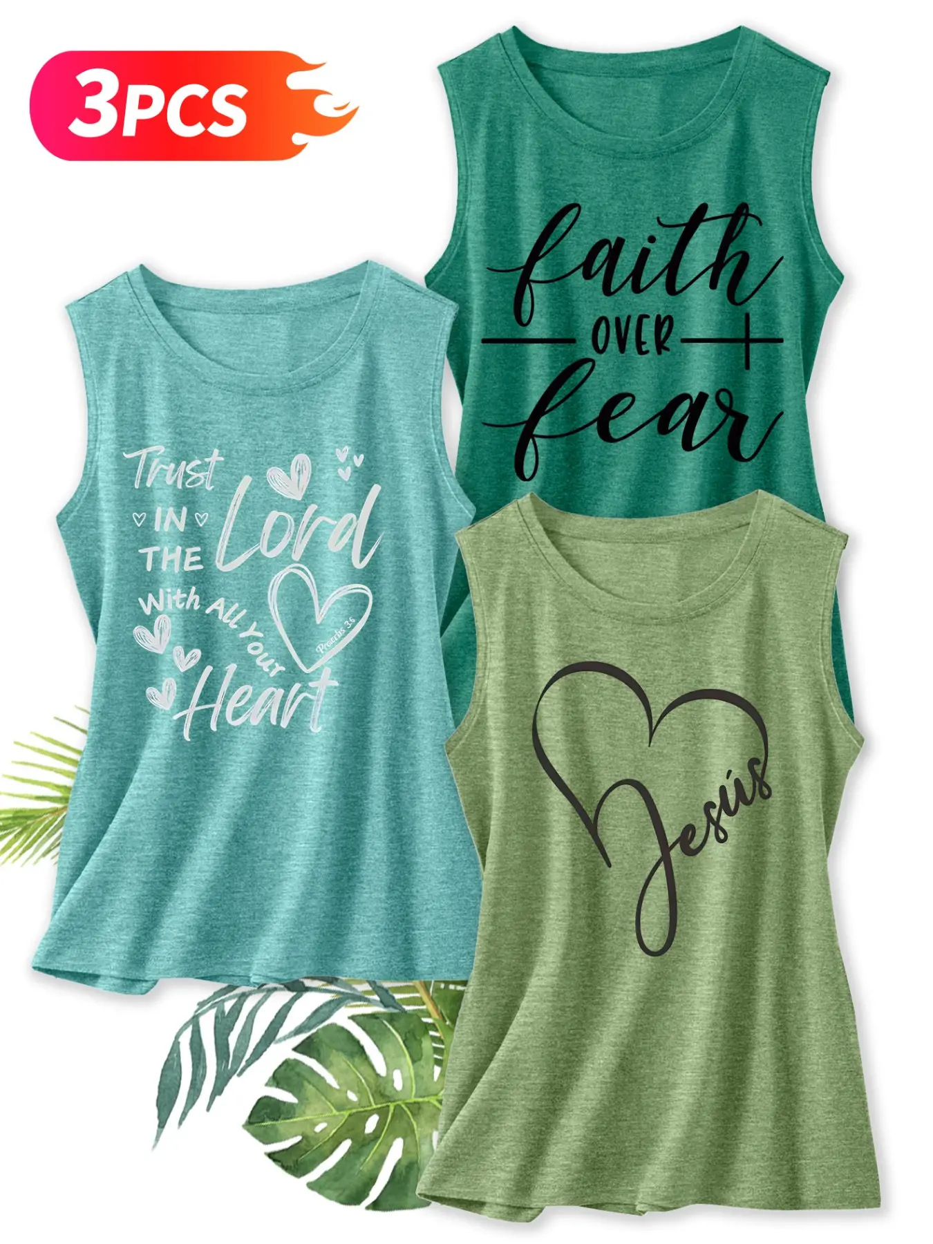 3Pcs Women Crew Neck Sleeveless Tank Top, Faith Cross Heart Inspirational Handwritten English Print, Multi-color Washable Spring Summer Top, Soft Skin-friendly Fabric Daily Versatile Fashion Design