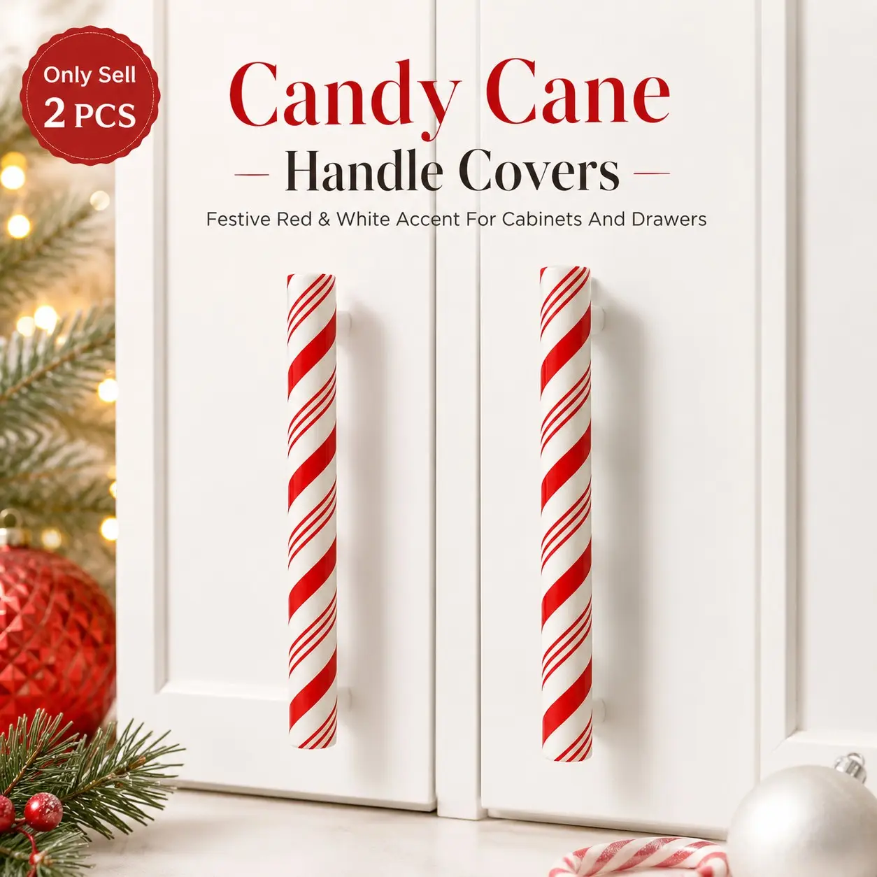 2Pcs Christmas Peppermint Candy Cane Cabinet Handle Covers Red White Striped Slip on Drawer Pull Decorations Ornaments for Kitchen Bathroom Home Holiday Decor