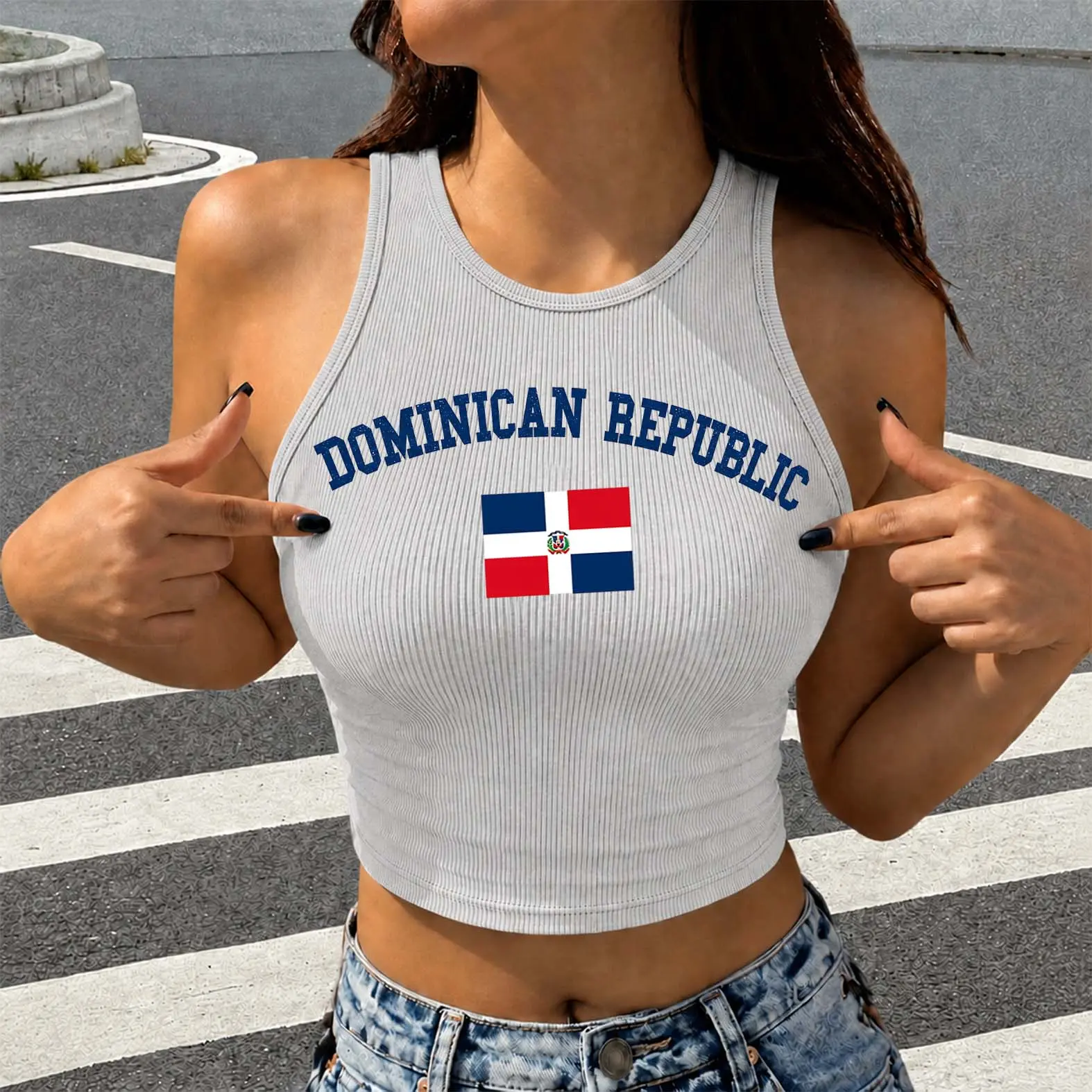 Women’s Dominican Republic Print Crop Tank Top, Ribbed Sleeveless Fitted Top for Summer, Soft Stretch Casual Vest Shirt, Trendy Basic Going Out Top for Daily Wear, Vacation, Workout and Streetwear