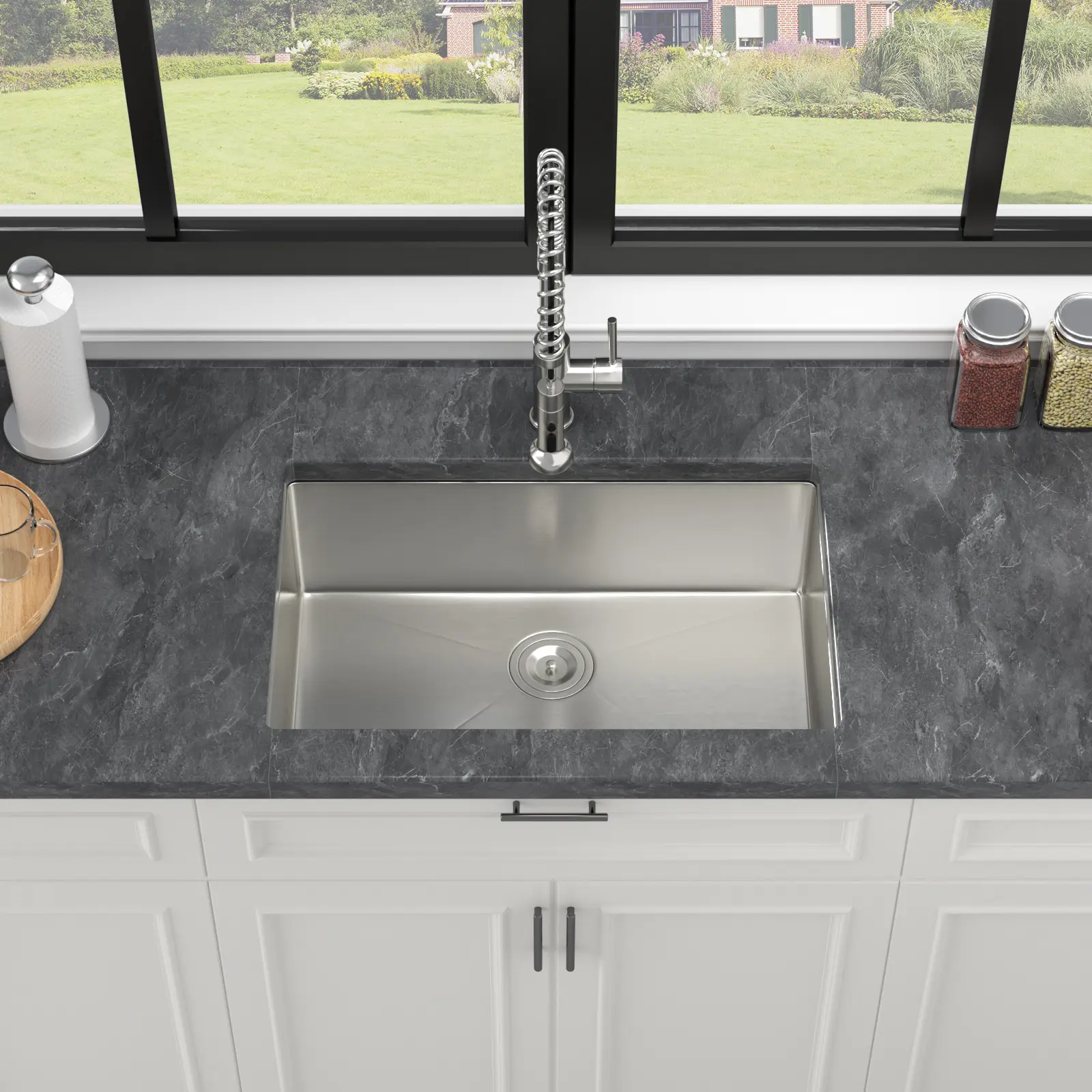 ARCH 28 x 18 x 9 Inch Undermount Single Bowl Kitchen Sink, 16 Gauge T304 Stainless Steel, Brushed Nickel, Deep 9" Basin, X-Shaped Drain Grooves, R10 Corners, Soundproof Coating, Includes Strainer & Clips, for Kitchen Countertop, Brushed Nickel Color