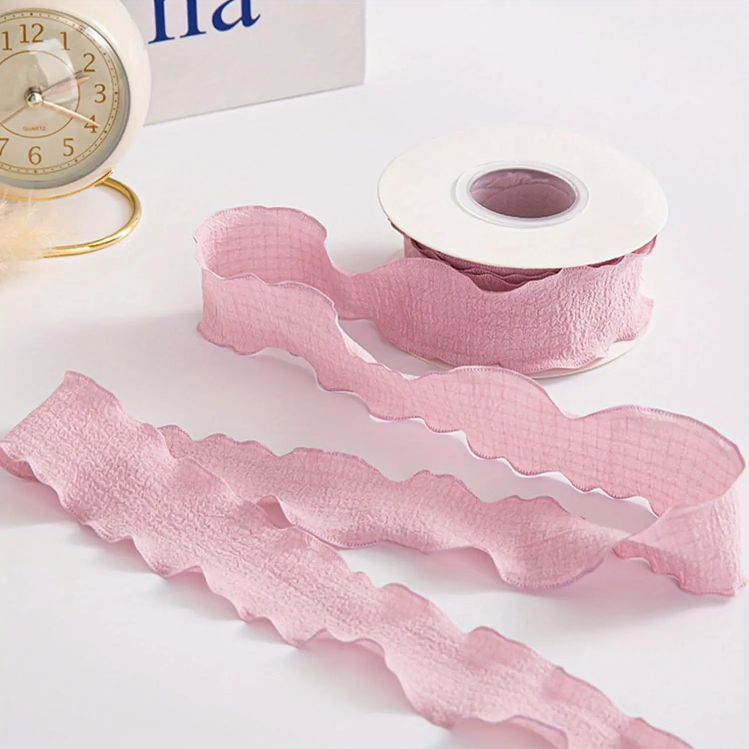 Pink Ruffle Ribbons, Double-Faced Wrinkled Ribbon Linen Wave Edge Ribbon for Bridal Bouquets Gifts Wrapping Wedding Decor DIY Crafts