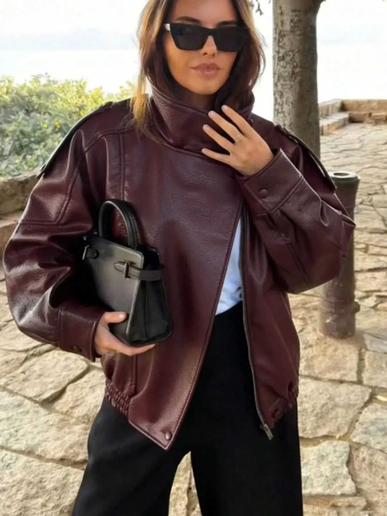Women's Fall Winter Streetwear Motorcycle Style Leather-Look Jacket, Vintage Loose Fit, Stand Collar Asymmetrical Design, Multiple Colors Available