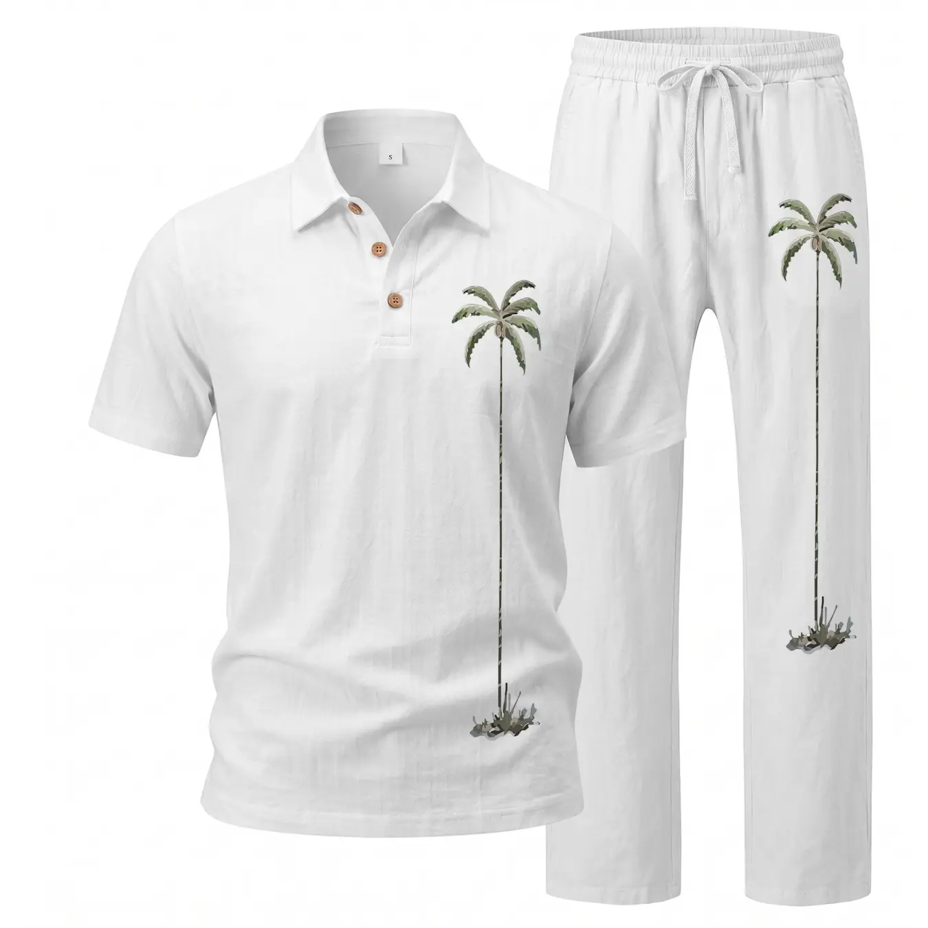 Men’s Casual 2-Piece Linen Blend Clothes Set - Soft Fabric Short-Sleeve Polo Shirt, Loose-Fit Outdoor Athletic Pants with Tropical Graphic, Ideal for Summer Beach Trips, Travel