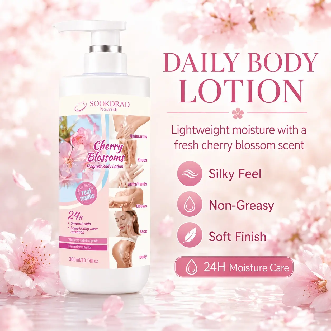 Cherry Blossoms Fragrant Body Lotion, with hydrolyzed wheat protein, smooth skin, long-lasting water retention, suitable for underarms, knees, arms and hands, elbows, face, body, for dry skin,