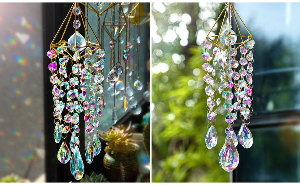 Crystal Suncatchers for Window Hanging Wind Chime Style Garden Sun Catchers with Crystals Rainbow Maker Indoor Outdoor Decor Handmade Gold Plated
