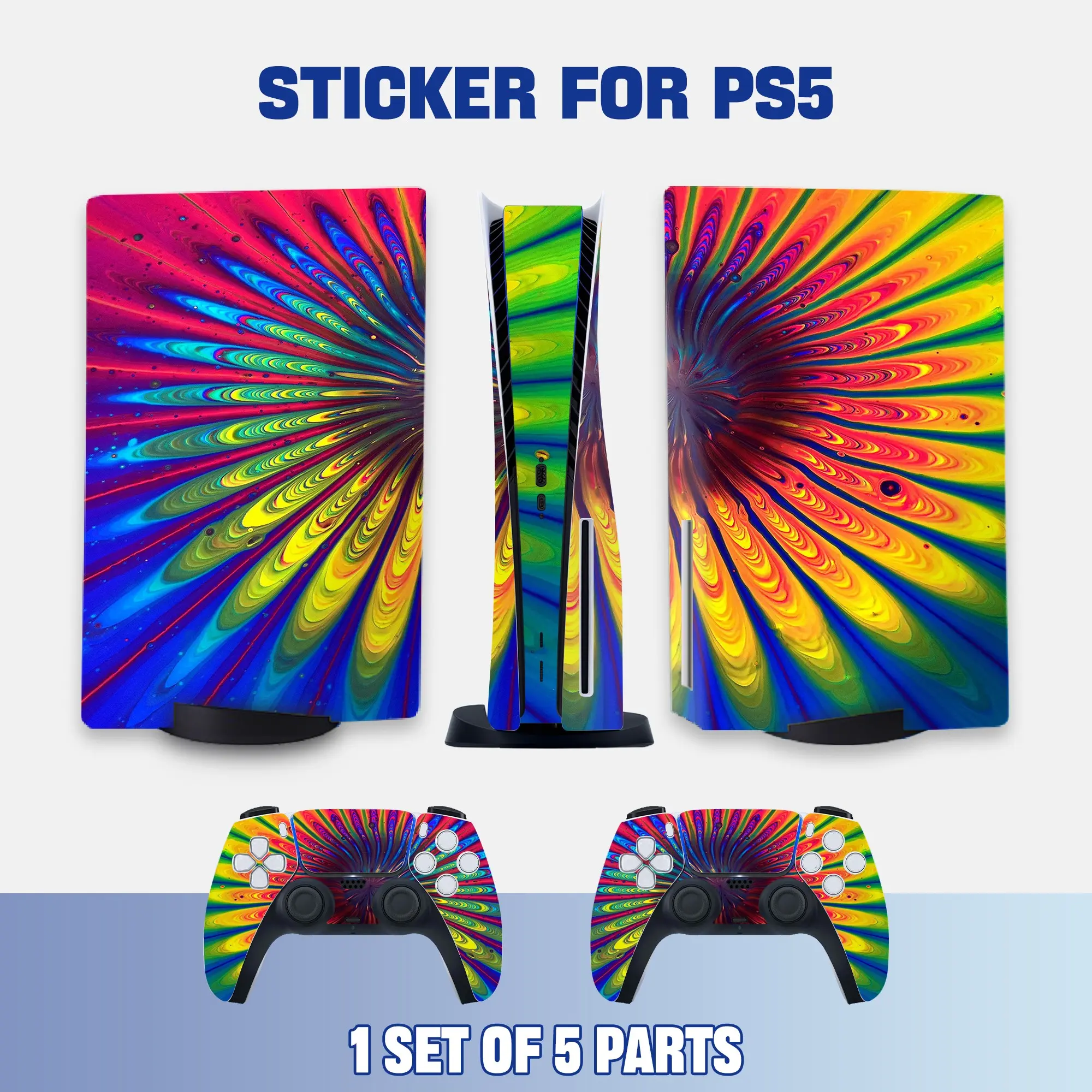 Ps5 Disc Drive Console & Controller Protective Stickers, Rainbow Psychedelic Radiant Fluid Art Vinyl Stickers, Stylish Gaming Accessories