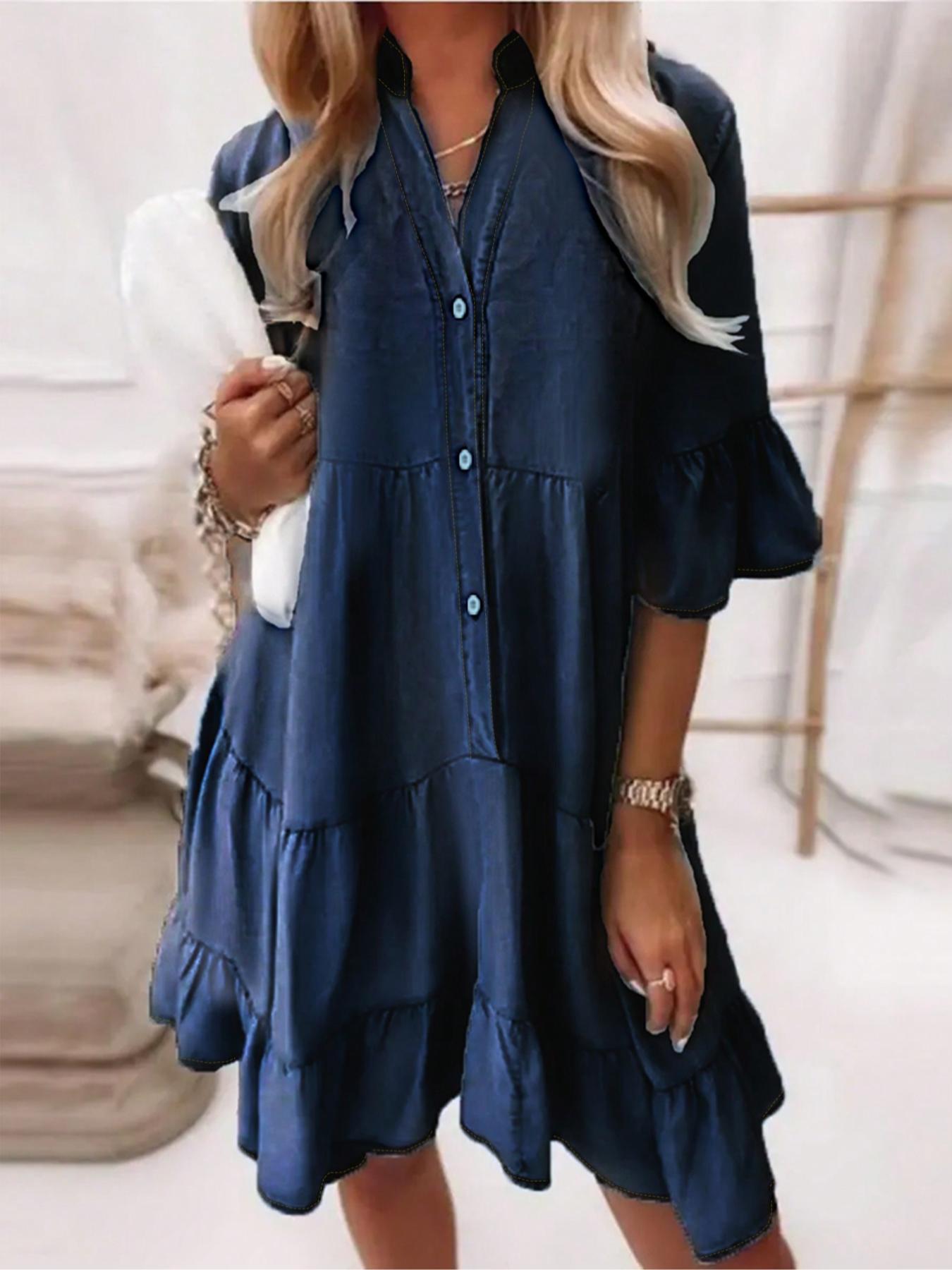 Women's Denim-effect Print Ruffle Trim V Neck Dress, Casual Short Sleeve Dress for Summer, Fashion Women's Clothes for Daily Wear