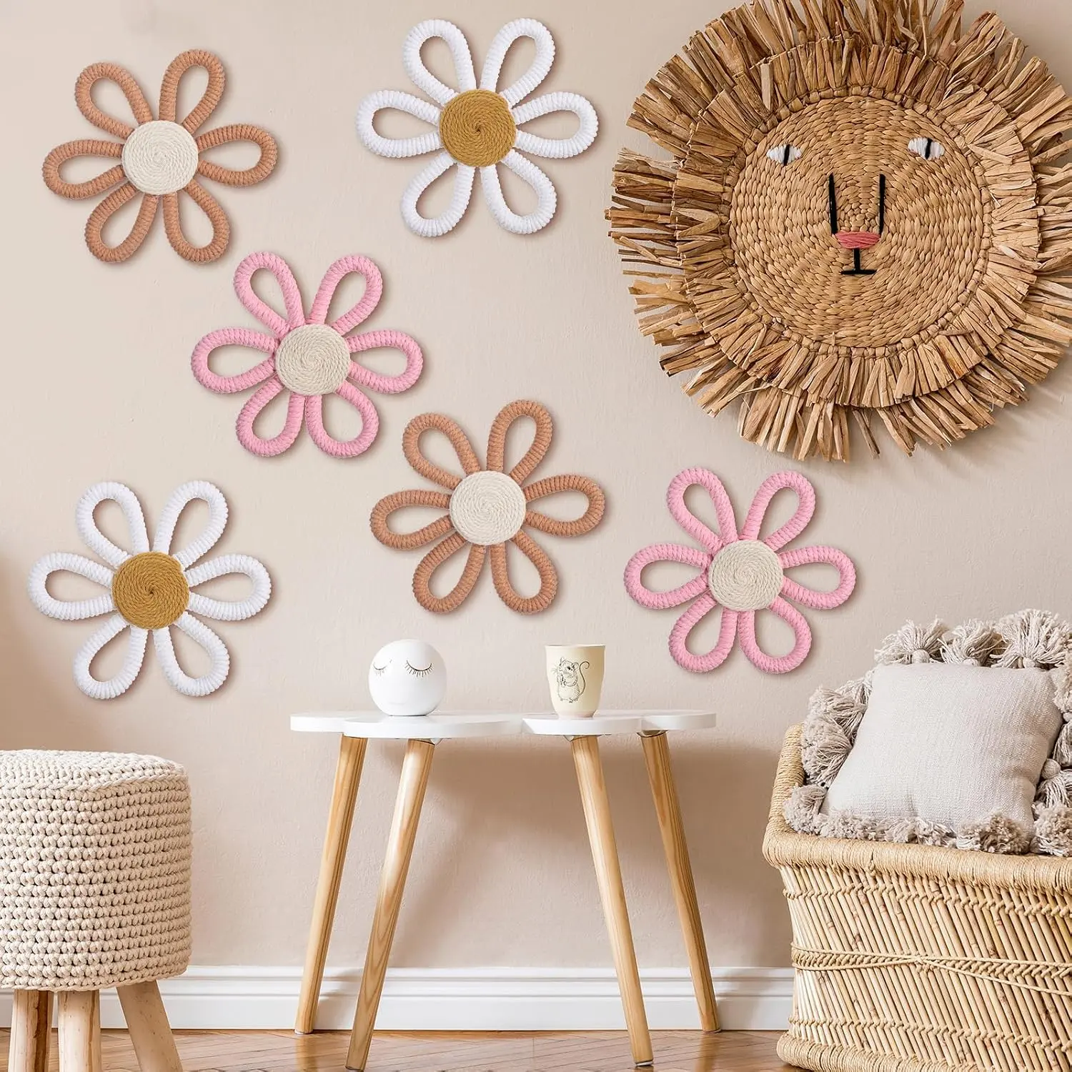 6-Piece Boho Rattan Macrame Wall Hanging Decorations, Hangable Daisy Flower Ornaments for Nursery Room Home Bedroom, Classic Color Yarn and Cotton Rope Room Decor