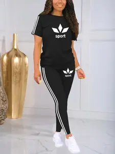 Women's Casual Letter Print Sporty Round Neck Drawstring Short Sleeve Top and Long Pants Two-Piece Set, Fitted Style