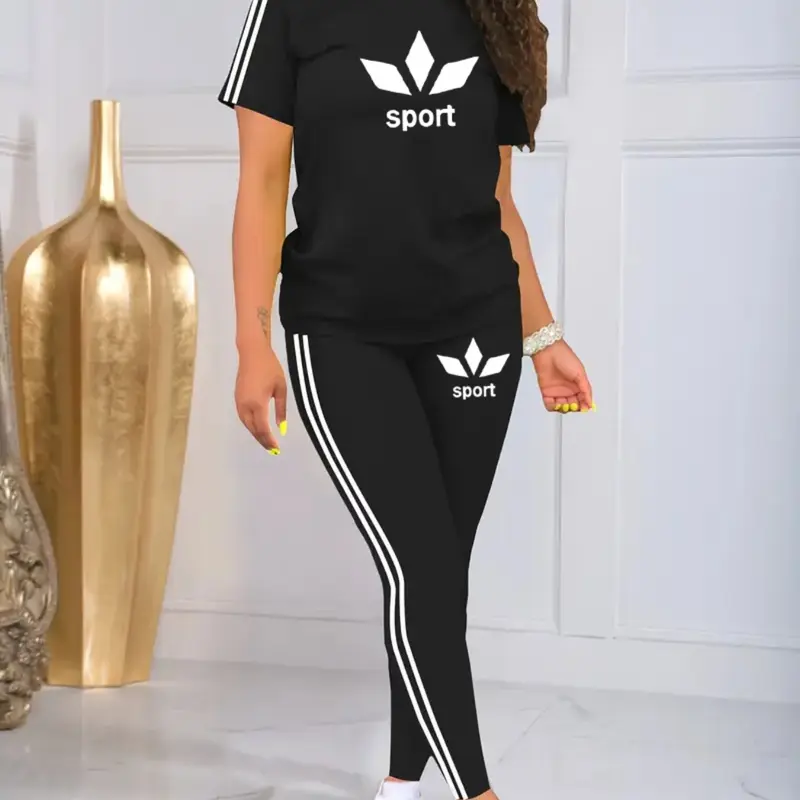 Women's Casual Letter Print Sportswear Round Neck Drawstring Short Sleeve Top and Long Pants Two-Piece Set, Fitted Style, Short Sleeves Set