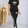 Women's Casual Letter Print Sportswear Round Neck Drawstring Short Sleeve Top and Long Pants Two-Piece Set, Fitted Style, Short Sleeves Set