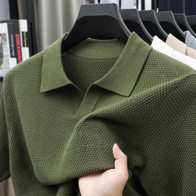 Kyn Apparel New Summer Seagull Collar Pineapple Knit Short Sleeve T-Shirt, Fashion Men's V-Neck Polo Shirt