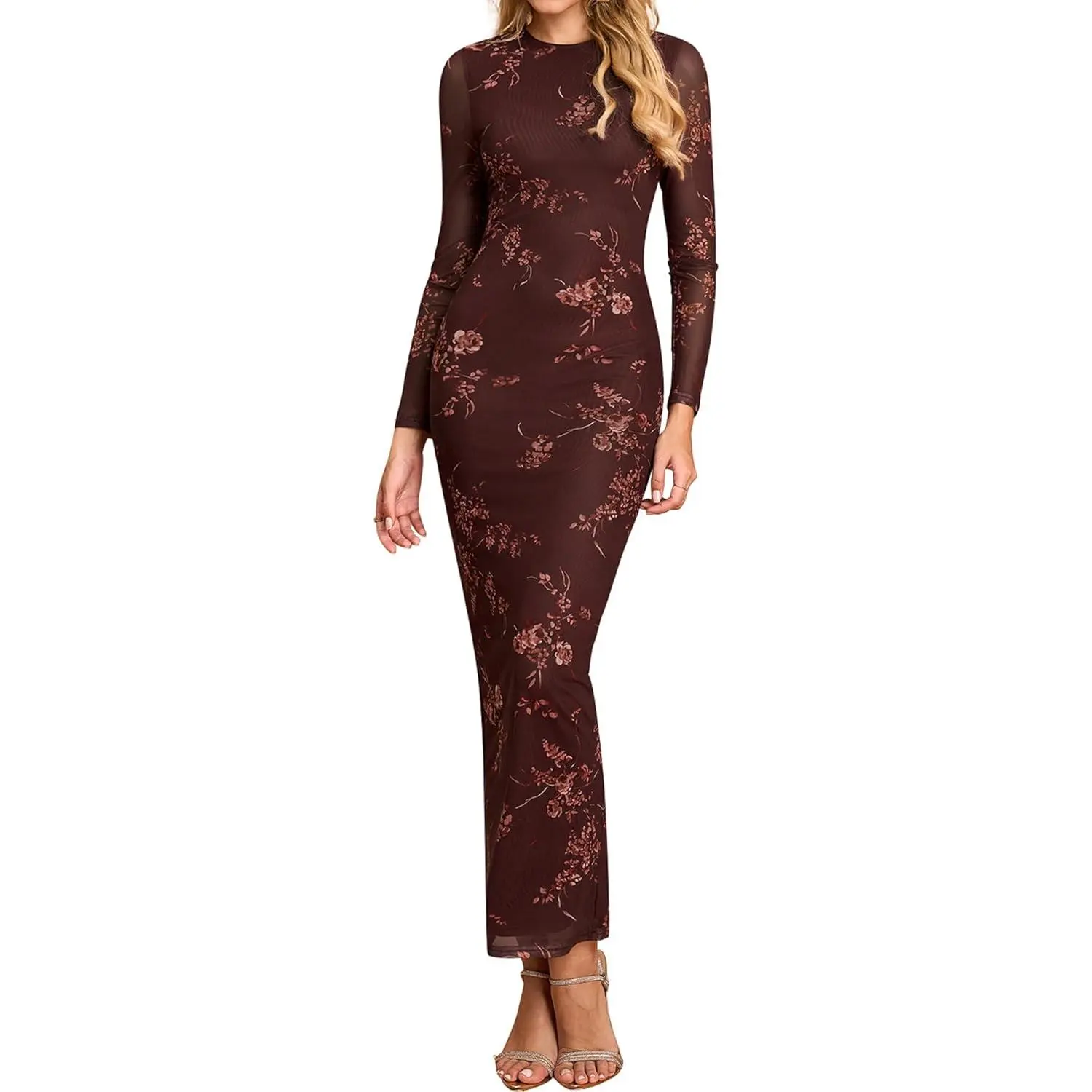 KUTUMAI Women's Long-Sleeve Floral Print Maternity Maxi Dress, 2025 Fall Elegant Mesh Semi-Formal Gown for Wedding Guest, Birthday, Cocktail Events