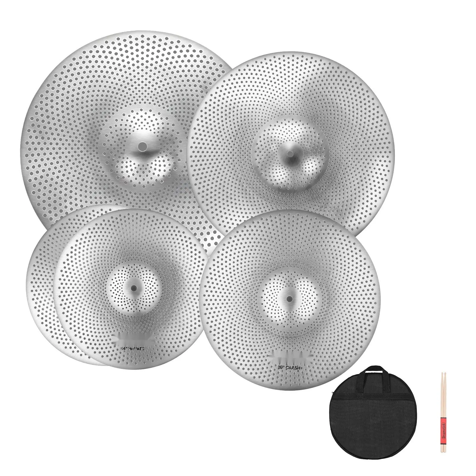 Low Volume Practice Cymbal Set for Drum Kit, 4-Piece Alloy Cymbals in 14, 16, 18, and 20 Inch Sizes, Reduced Noise for Quiet Home Practice, Durable Sound Quality, Versatile for Beginners, Practice Rooms, and Studio Use