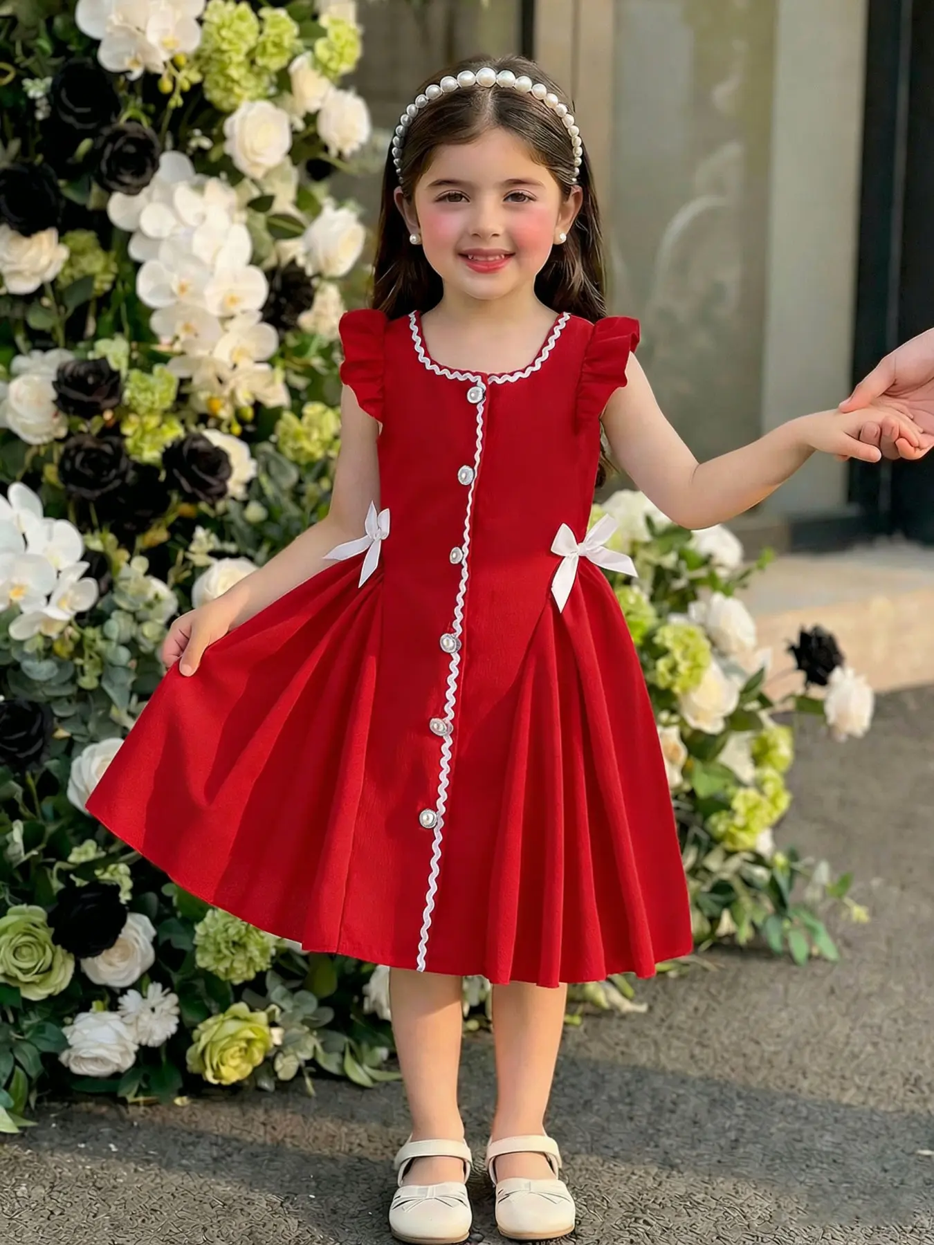 Princess Dress with Flutter Sleeves and Button Detail, Bow Waist Decoration, Cute and Sweet, Perfect for Summer Parties and Vacations