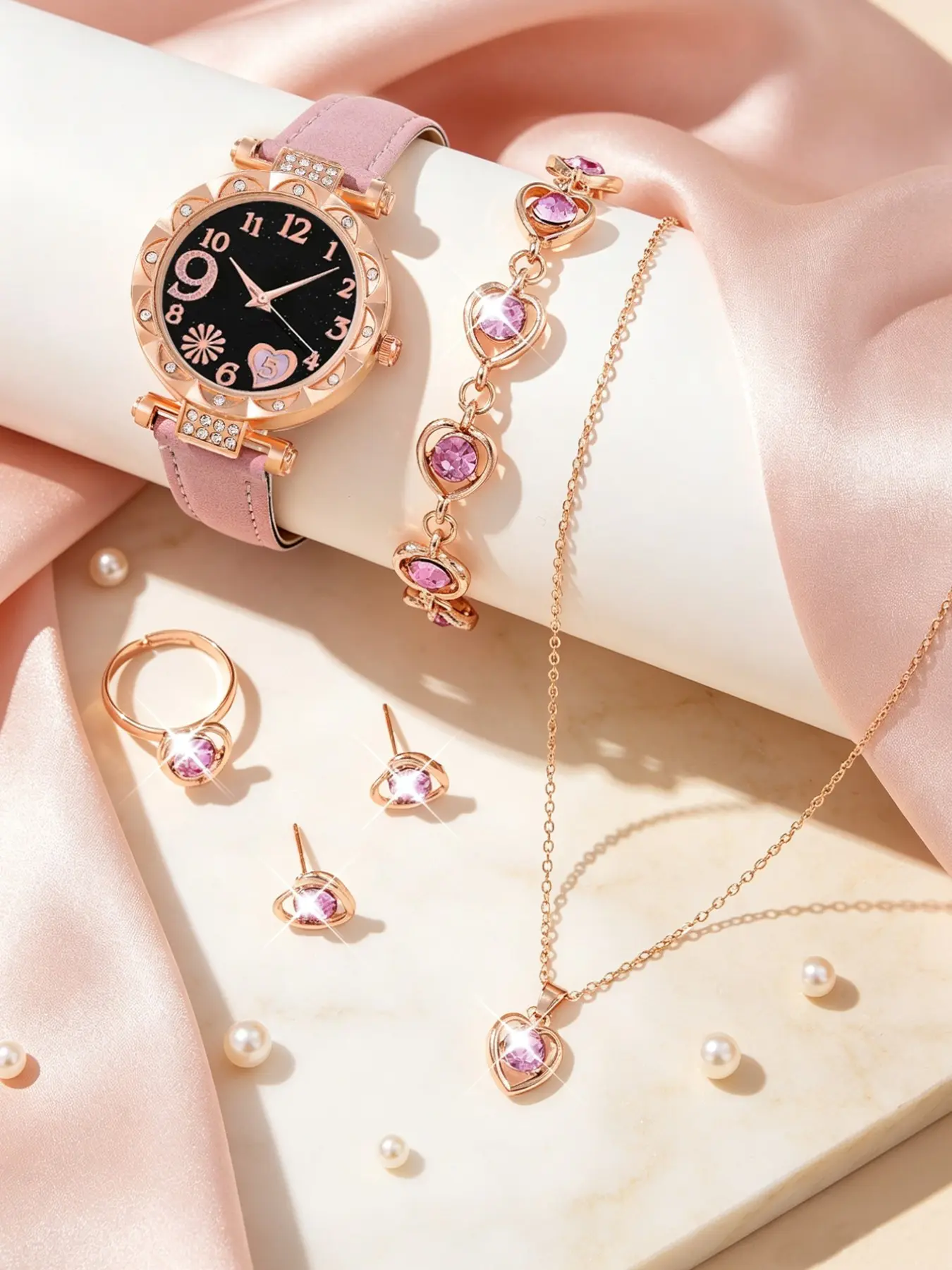 Women's Cute Quartz Watch Set, 6-Piece Gift Set with Heart Rhinestone Bracelet, Necklace, Earrings, Ring, Perfect for Birthdays and Holidays