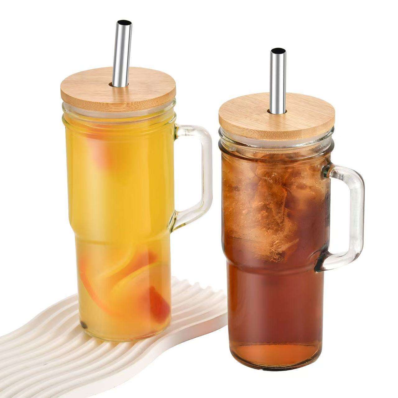 4 Pack Large Capacity Glass Drinking Cups 930ml Bamboo Lids Plastic Lids Stainless Steel Straws Cleaning Brushes For Iced Coffee Smoothie Juice Mugs