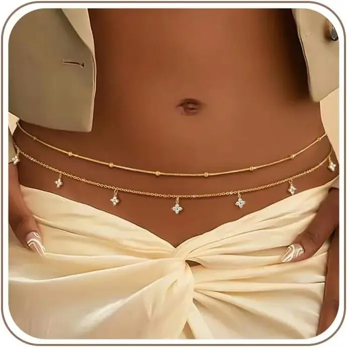 Waist Chain for Women 14K Gold Plated Waist Beads Belly Chain Dainty Layered Body Chain Belt Beach Jewelry for Women Sexy Waterproof Non Tarnish Adjustable Summer Jewelry Accessories
