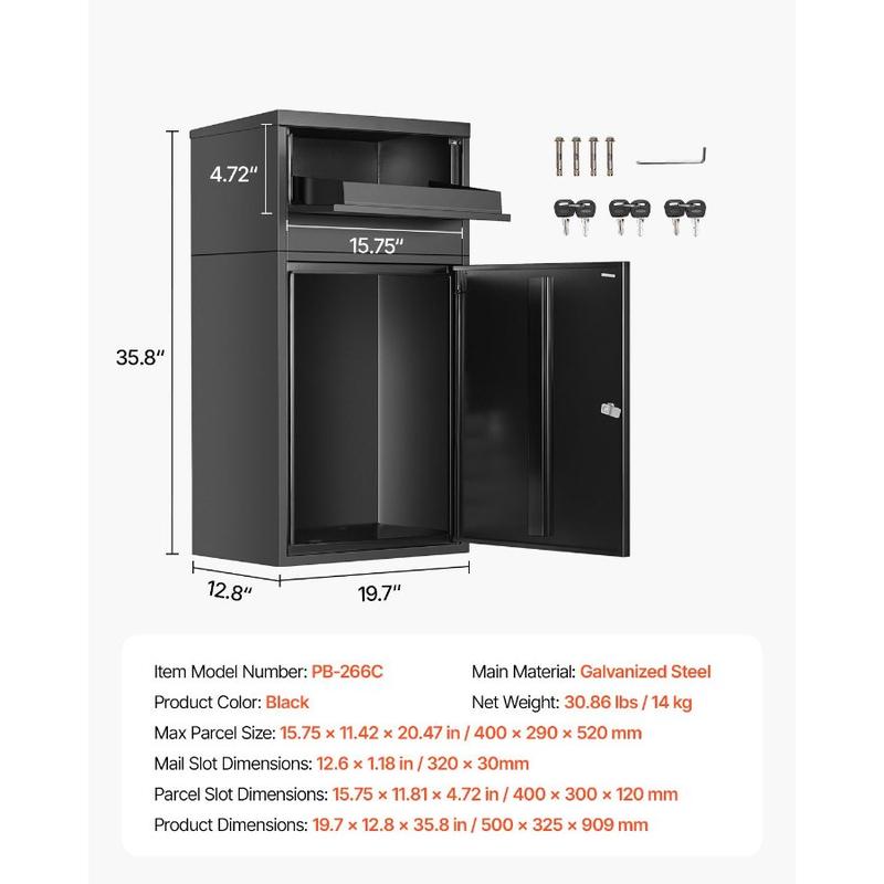 VEVOR Package Delivery Boxes for Outside, 38.6 in Mailbox for Parcel with Lock, Galvanized Steel Package Drop Box with Anti - Theft Design, Weather - Resistant Package Mailbox for Home and Office, Black