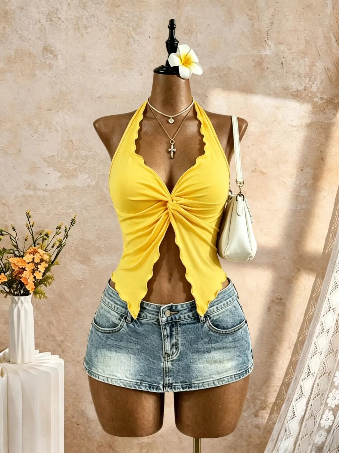 Sexy V-Neck Halter Top, Lightweight Front Knot Backless Vest with Asymmetrical Hem, Casual Summer Top, Trendy Women's Fashion Apparel, Backless Halter Tops