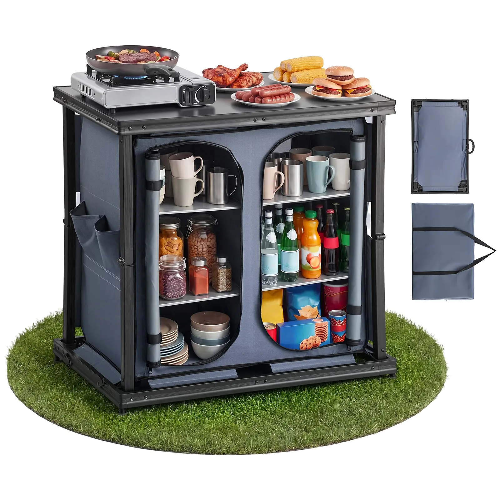 Folding Camping Storage Cabinet, Outdoor Portable Aluminum Lightweight Table, Quick Set-up Compact Kitchen Cook Station, with 6 Shelves and Carry Bag, for Picnic, BBQ, Camping, RV Traveling