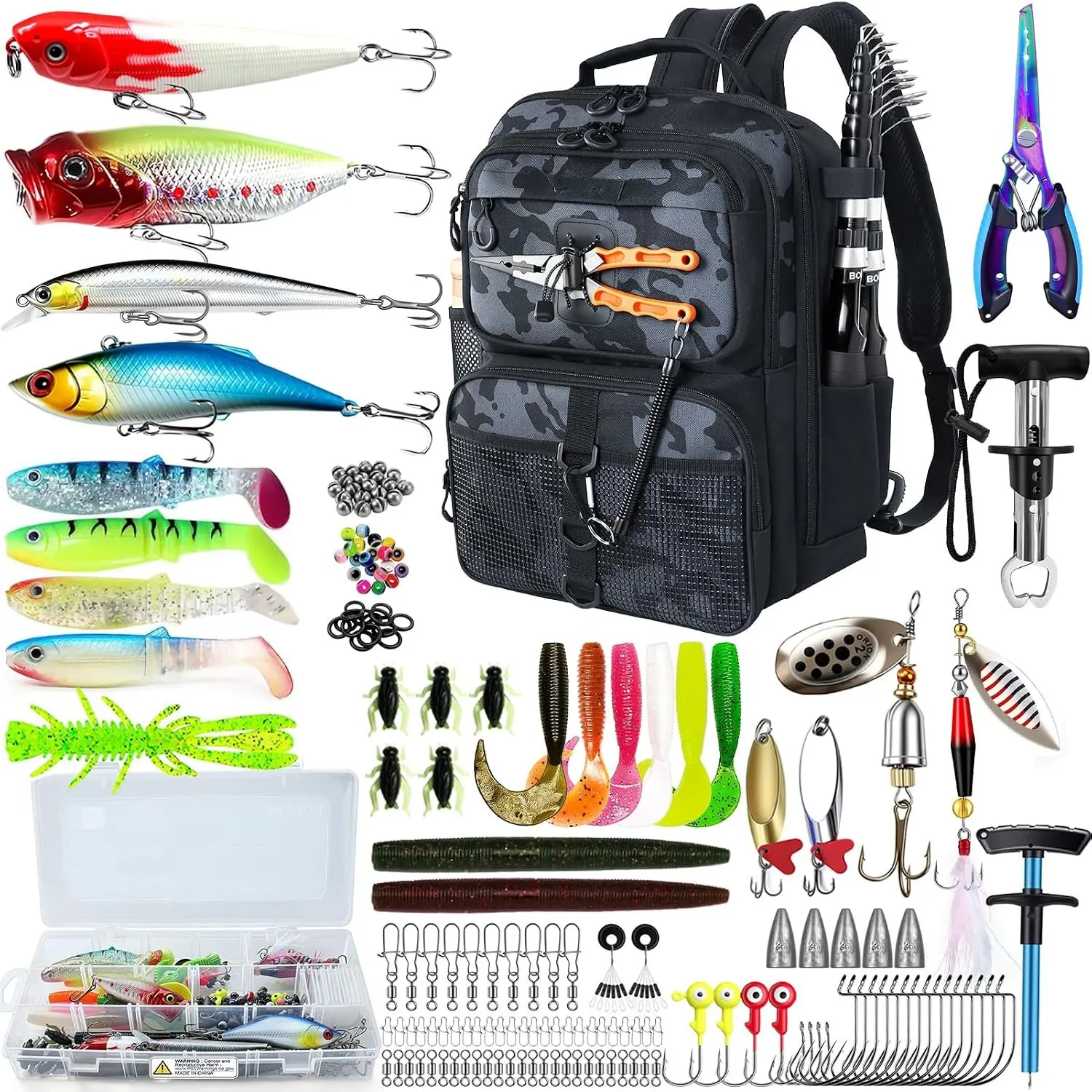 Fishing Backpack with Tackle Boxes & Lures Kit Lightweight 25L Tackle Bag with Fishing Gear and Rod Holder, Fish Gifts for Men Woman-Camo Backpack