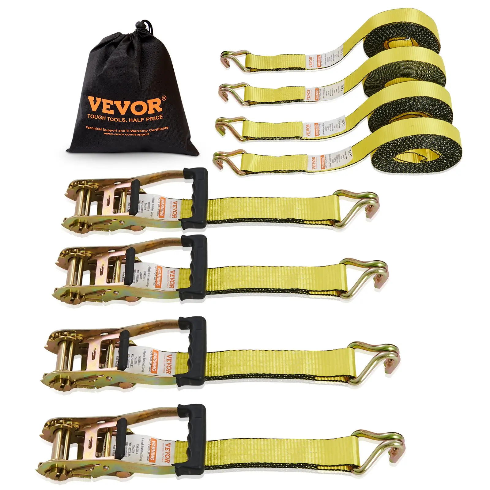 VEVOR Ratchet Tie Down Straps (4PK), 10000 lb Break Strength, Double J Hook Includes 4 Premium 2"x 27' Rachet Tie Downs with Padded Handles, for Moving Securing Cargo, Appliances, Lawn Equipment