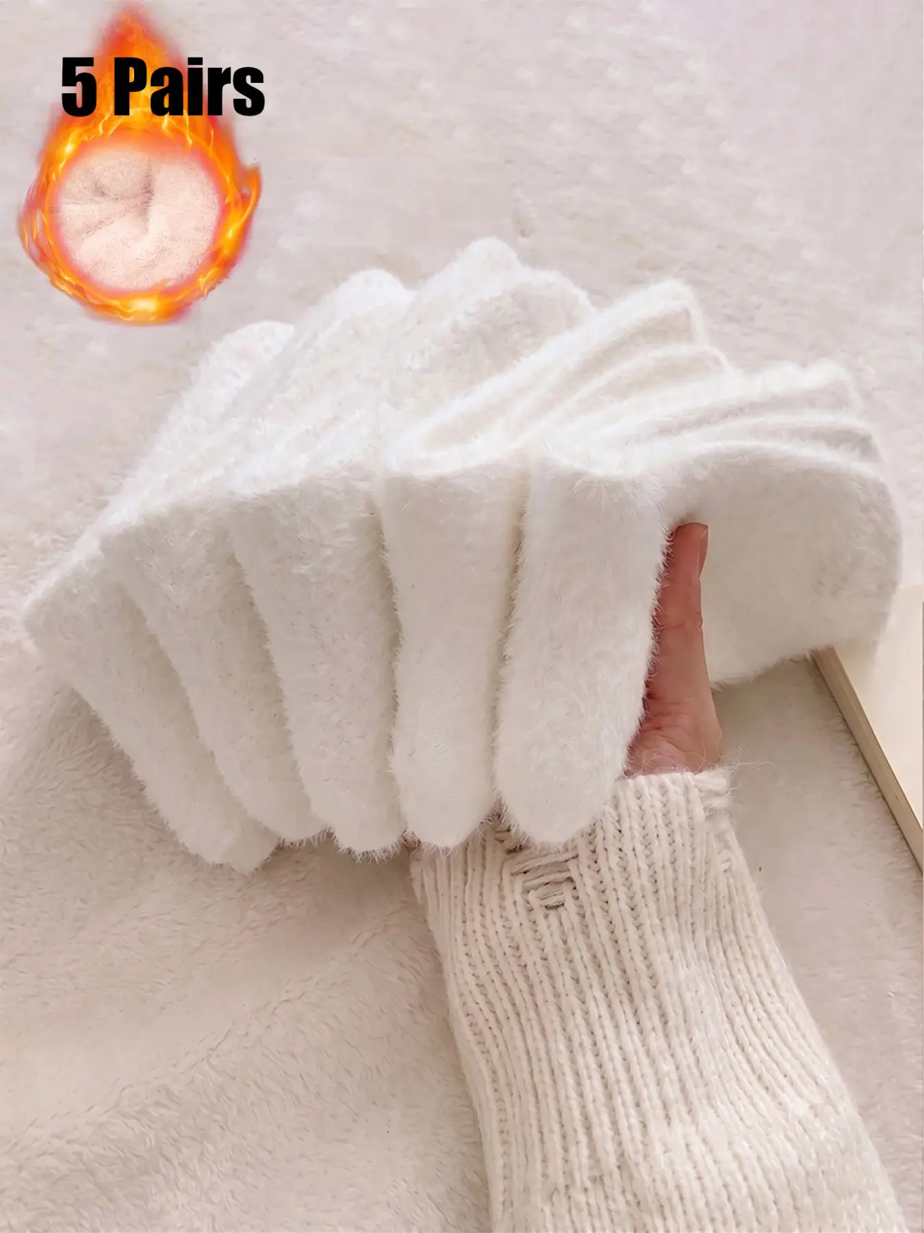 5 Pairs Women's Pure Fuzzy Socks, Thickened Winter Warm Mid-Calf Socks, Soft Cozy Home Sleep Socks, Autumn Winter Footwear, Casual