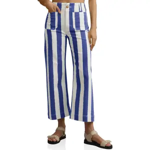 Womens Cropped Striped Jeans Casual High Waisted Stretchy Polka Dots Straight Leg Denim Pants with Pockets