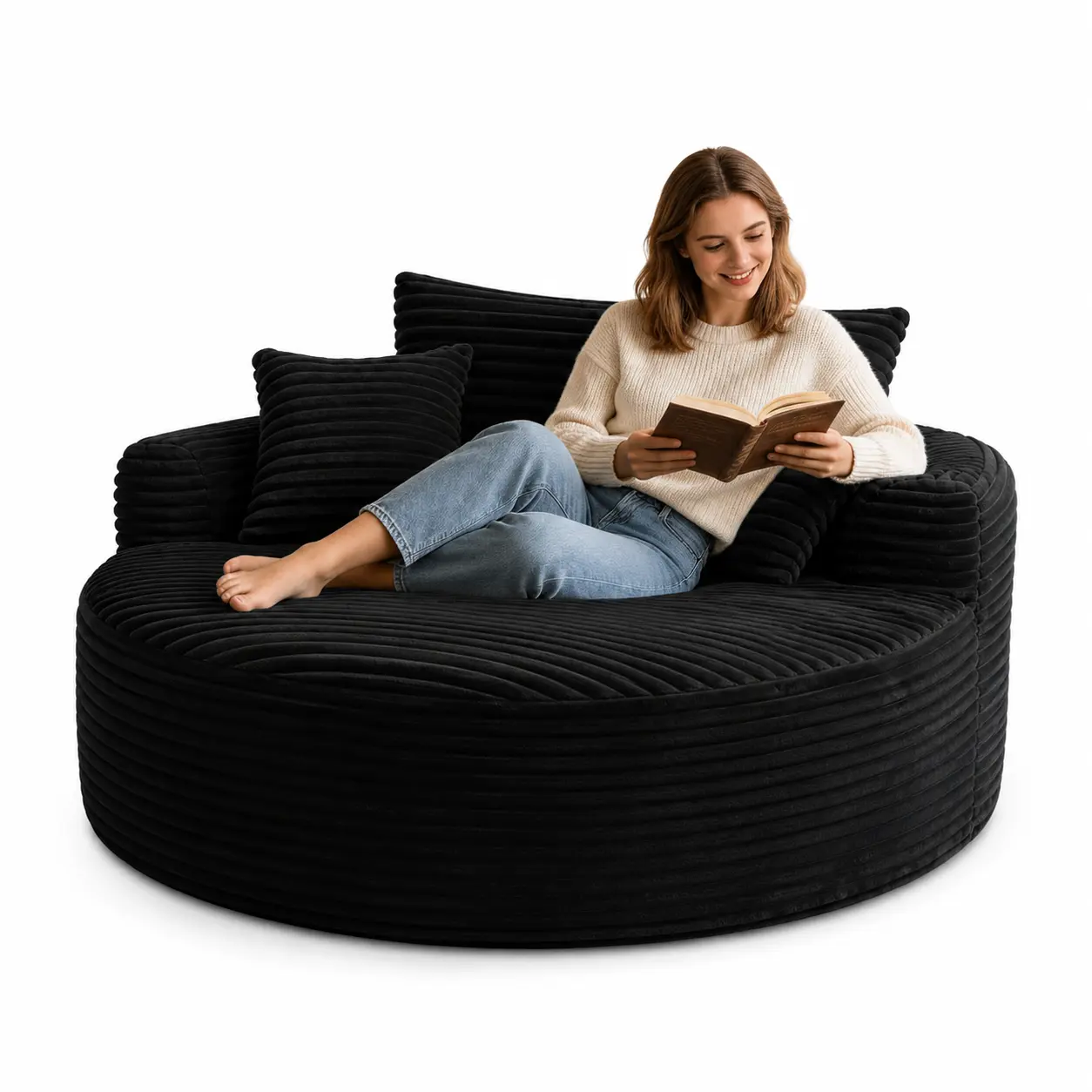 Garvee 55-in Oversized Round Chaise Lounge Chair, Corduroy Deep-Seat Floor Sofa with 3 Pillows, No Assembly, 450-lb Capacity, Cozy Single Seat for Living Room, Bedroom