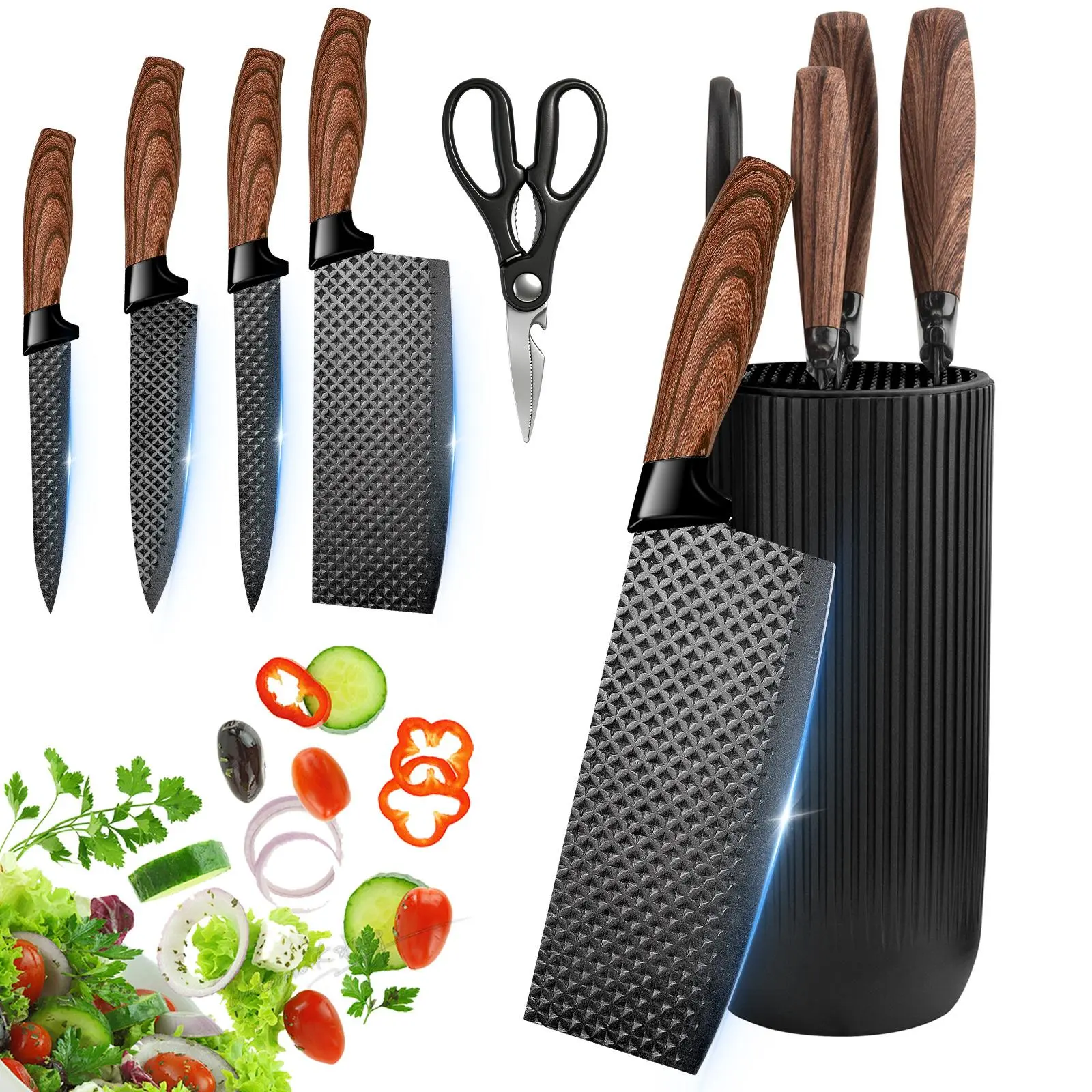 6pcs Kitchen Knife Set with Universal Knife Block - Chef's Knife, Slicing Knife, Scraper, Scissors High Carbon Stainless Steel with Ultra-Sharp Blades, Non-Stick Ergonomic Wooden Handles - Ideal for Home, Chef Gift#fathersdaygift