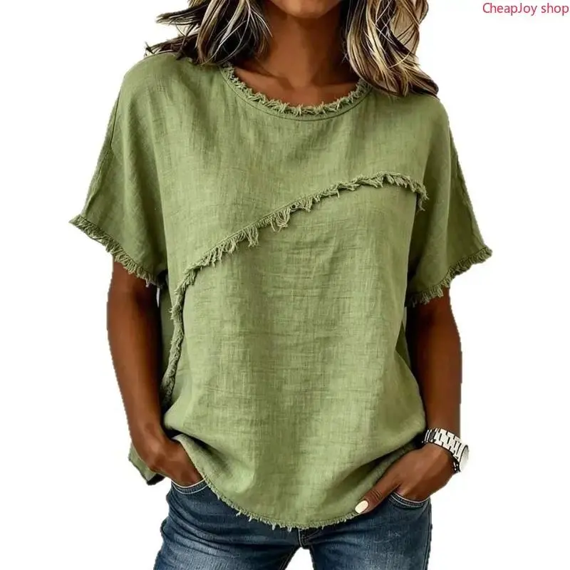 Women's Casual Loose-Fit Shortsleeve Tshirt - Solid Color Summer Top with a Distressed Raw Hem Detail