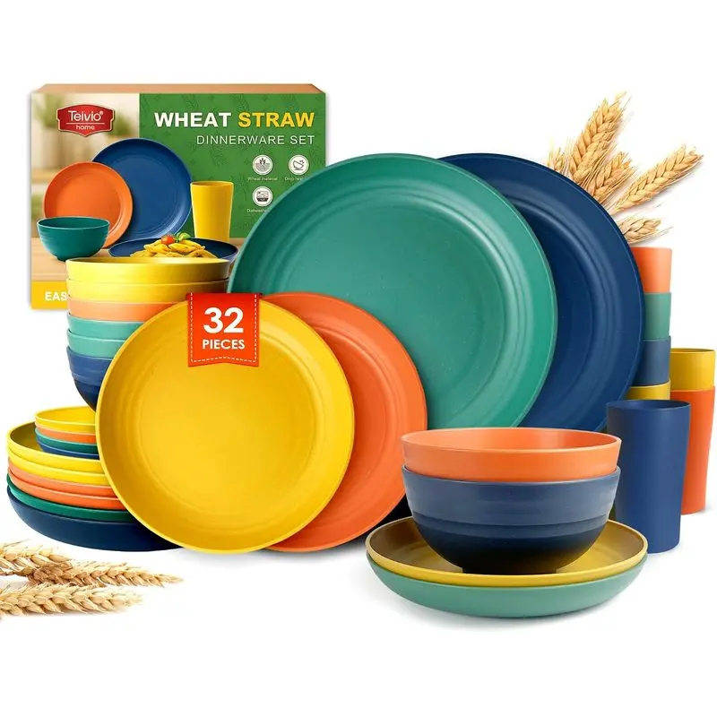 32-Piece Wheat Straw Dinnerware Sets for 8, BPA Free Plates and Bowls Set, Lightweight Stackable Square Dishes for Home, Parties and Camping