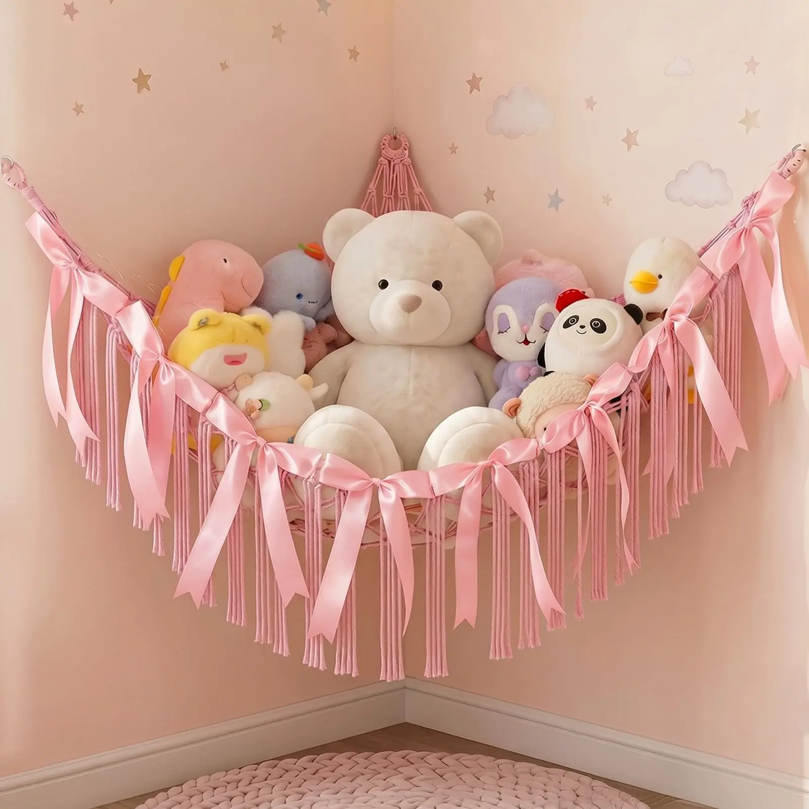 Stuffed Animals Storage Hammock with DIY Bows，Hanging Toy Organizer for Stuffed AnimalsLarge Corner Plushie Net for Kids Girls Room Decor Aesthetic Toy Hammock with Bowknots