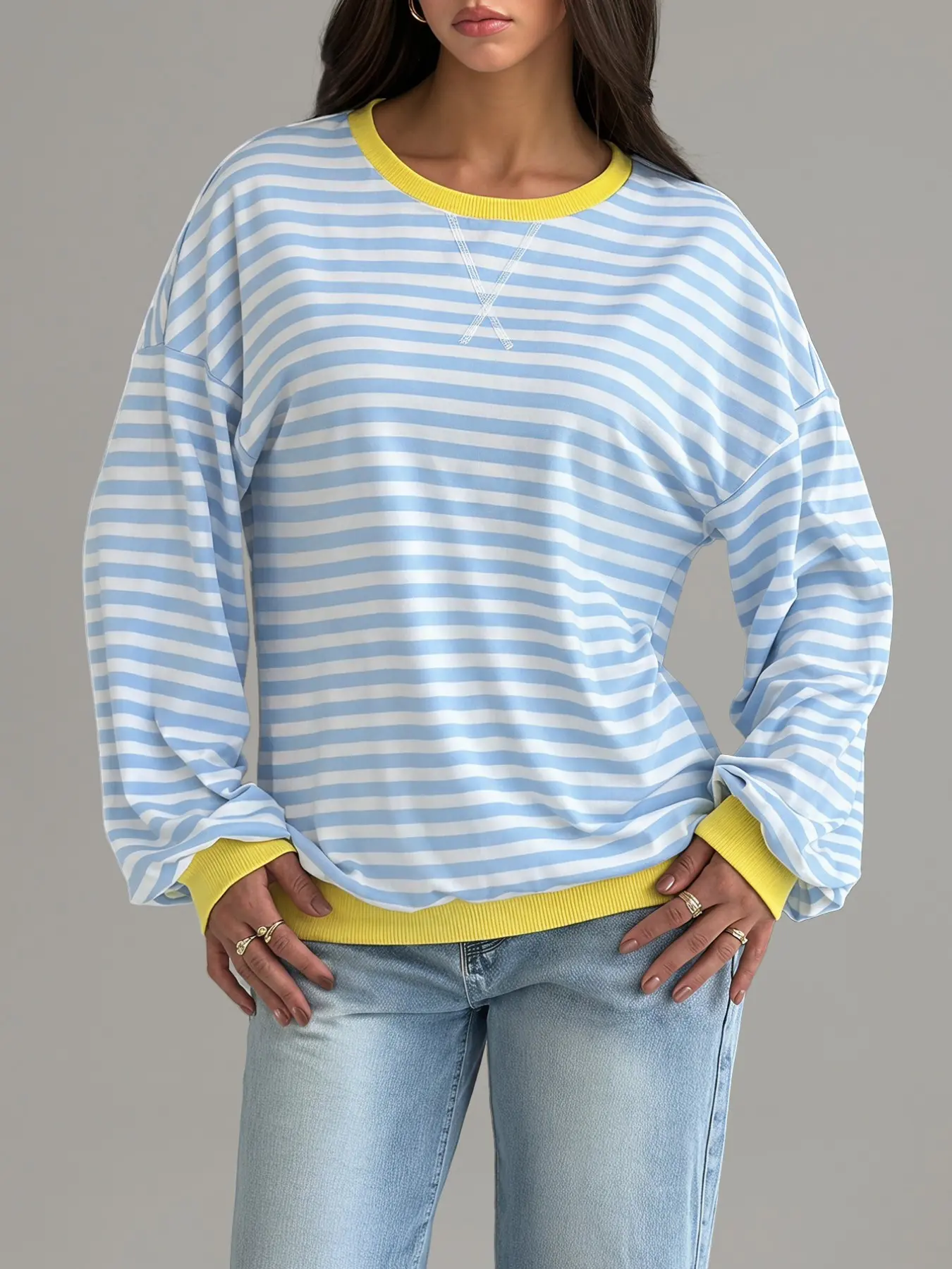 Blue Yellow Stripe Sweatshirt Women Crew Neck Long Sleeve Oversized Pullover Contrast Ribbed Trim Casual Streetwear Y2K Preppy Style Loose Fit Top