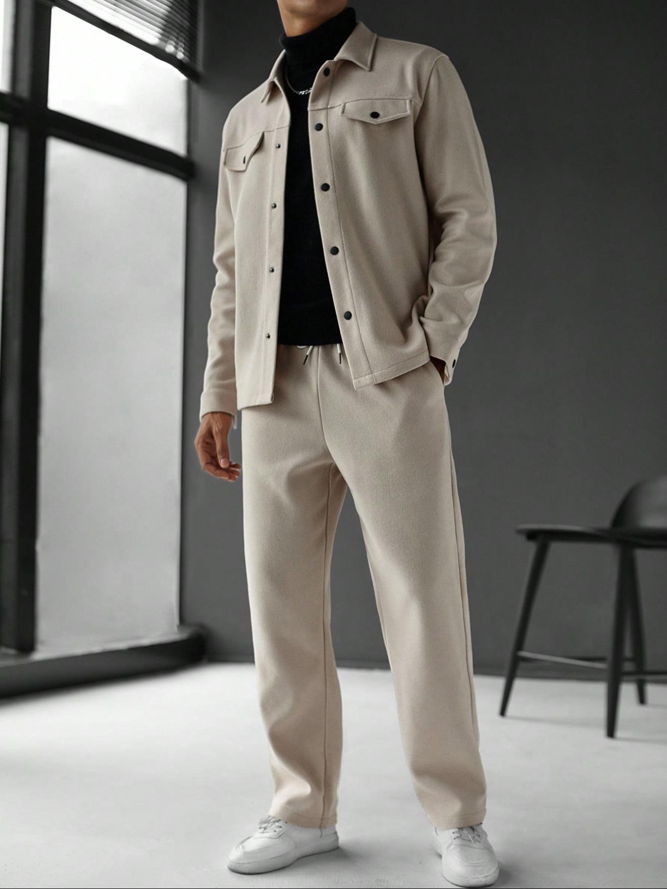 Men's Simple Fitted Woolen Jacket Set, Fashion Casual Design, Suitable for Work or Outing, Lightweight Ensemble, Enhance Your Wardrobe Taste