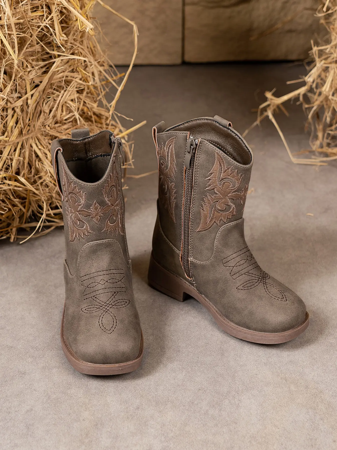 Vintage Embroidered Kids Western Boots, PU Leather Side Zipper, Non-Slip Low Heel, Unisex Camping & Daily Wear, Fall Winter, Footwear Boot