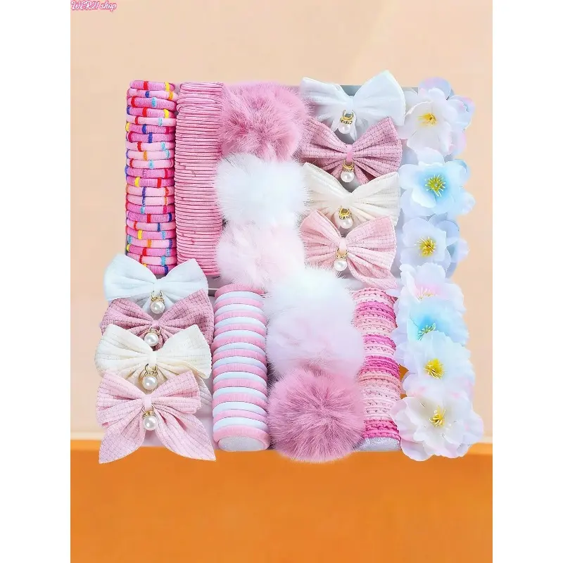 [Back To Shcool]179 Pieces Kawaii Hair Accessory Set, Fashion Hair Accessories, Cute Hair Accessories, Includes Hair Ties & Barrettes, 3D Realistic Flowers & Pom Pom Decor, Suitable for Girls and Ladies, Hair Accessories Sets