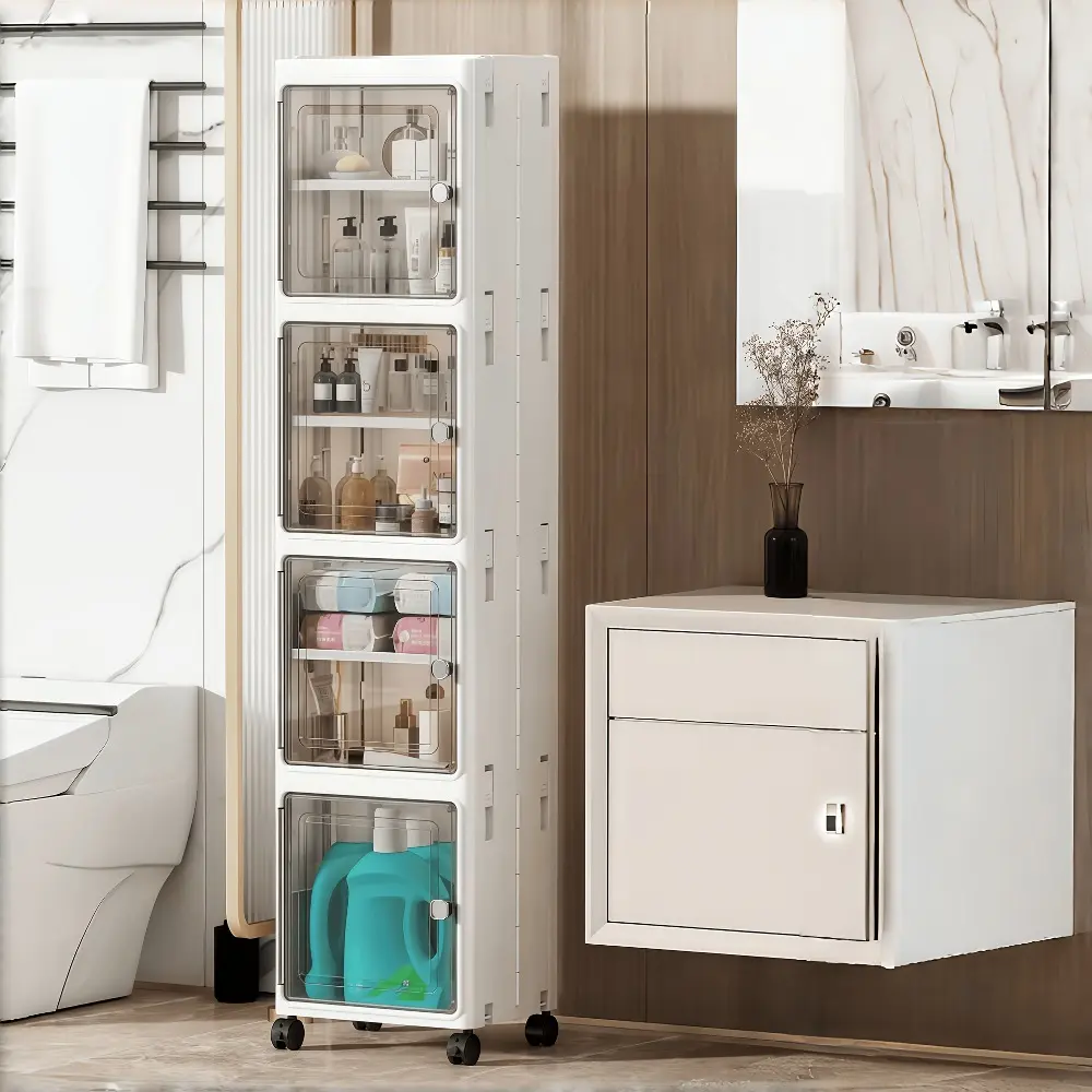 Gap bathroom storage cabinet, Clear storage cabinet, large-capacity storage cabinet with wheels, see-through drawer-style storage cabinet, top-flap storage area, multi-layer stackable storage box, laundry room cleaning supplies storage cabinet