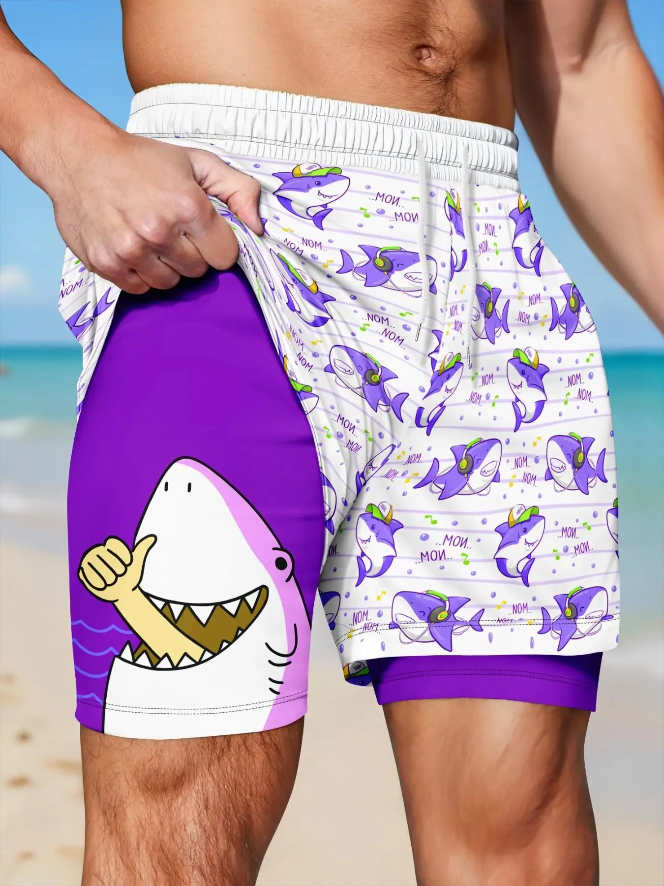 Men's Dual-Layer Quick-Dry Swim Trunks, Cartoon Shark All-Over Print, Tight Fit, Elastic Waist, Summer Beach Shorts