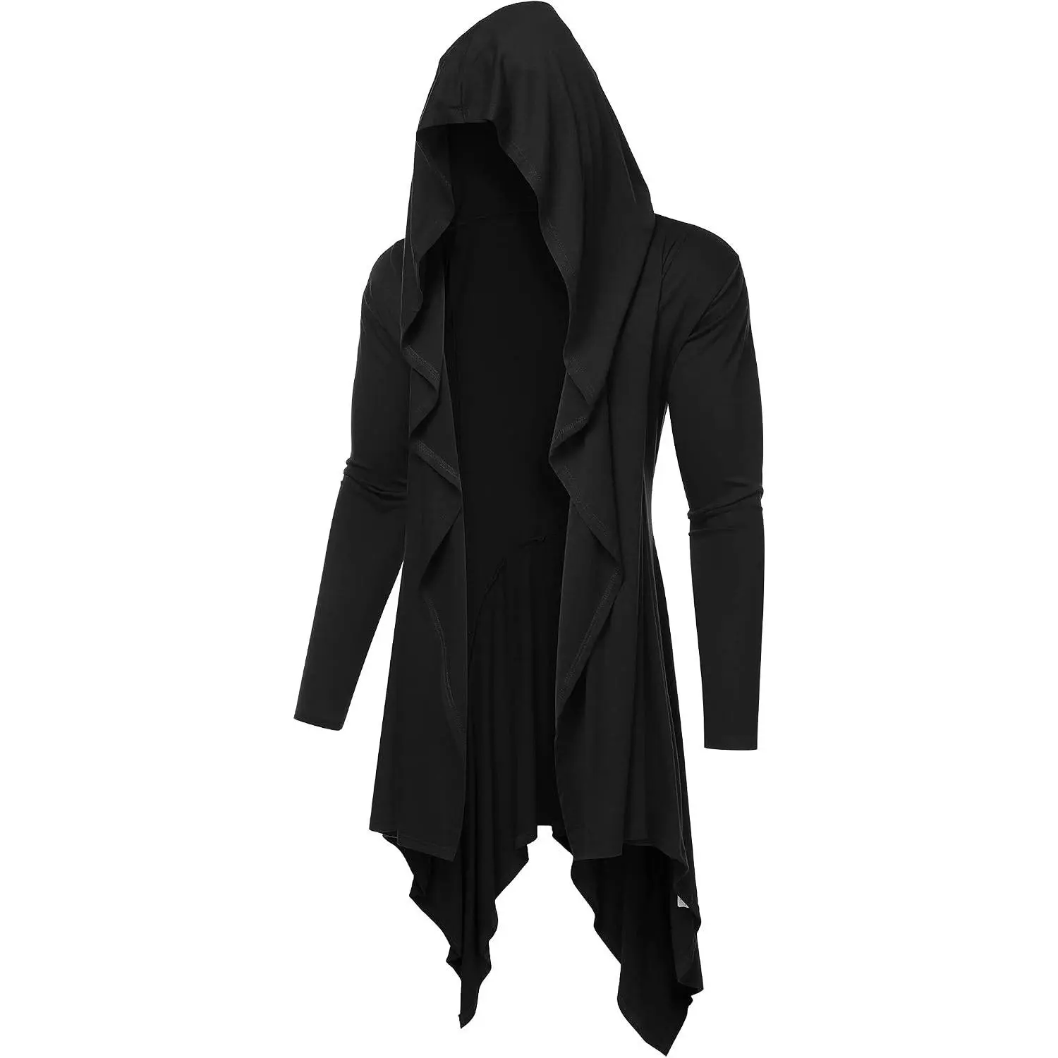 Long Hooded Cardigan with Ruffle Shawl Collar, Open Front Lightweight Drape Cape Overcoat with Pockets