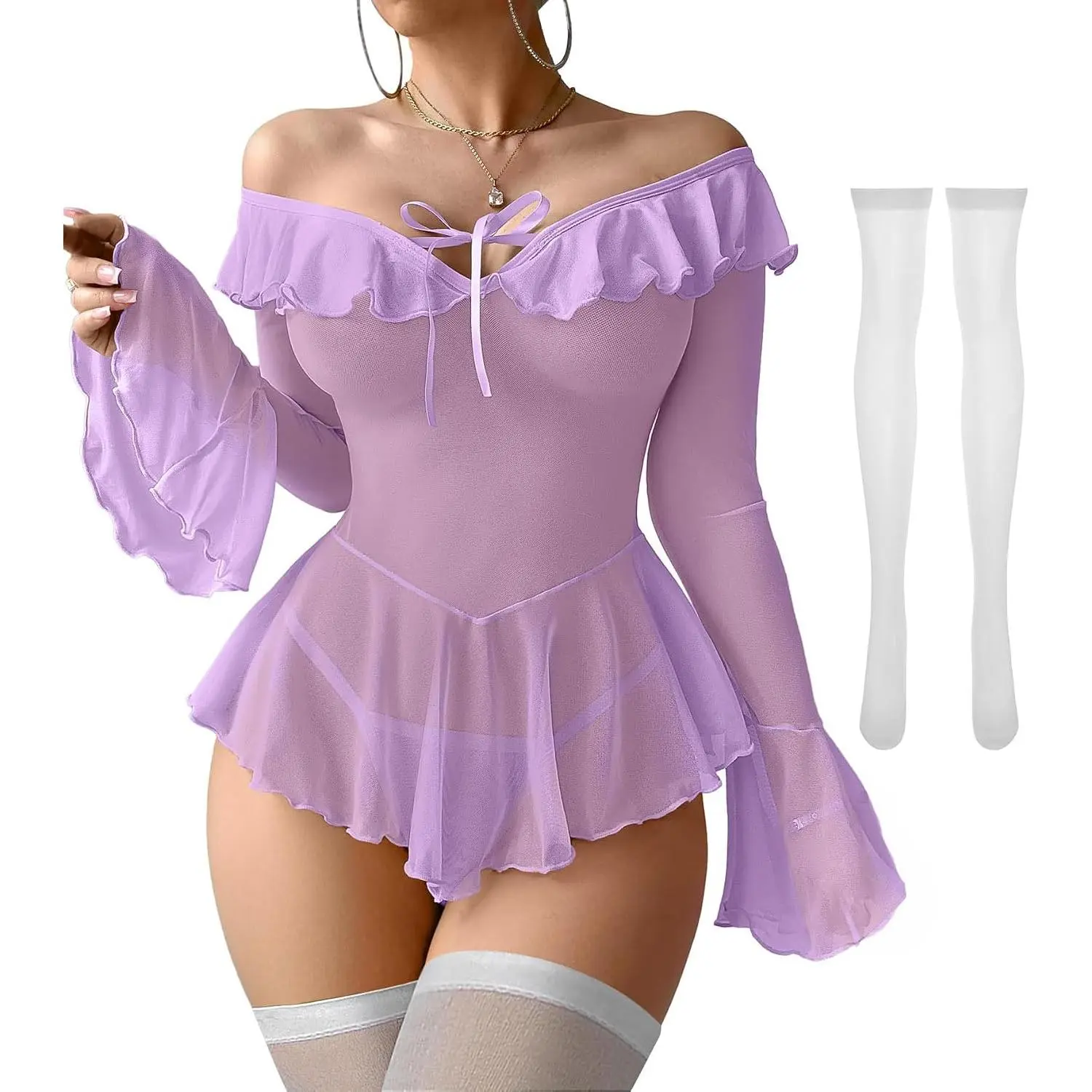 Women's Sheer Ruffle Long Sleeve Off-Shoulder Babydoll Lingerie 3-Piece Set - Includes Flared Cuffs, Flounced Hem for Movement, Thong, Thigh-High Stockings, Babydoll Set